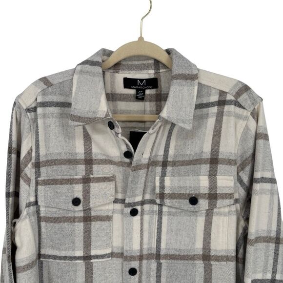 Magaschoni Plaid Brushed Flannel Shacket Jacket Overshirt Tan/Gray Small NWT - Picture 3 of 9